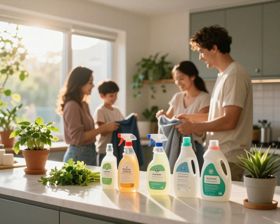 A cozy home interior with an emphasis on cleanliness and eco-friendly practices. In the foreground, a well-organized kitchen counter displays various natural cleaning products in sleek, labeled containers, accompanied by fresh herbs and a potted plant. In the middle, a family of four, dressed in modest casual clothing, is happily sorting laundry, using a clear, toxin-free detergent, while a sunbeam streams through the window, illuminating their smiles. In the background, a well-maintained indoor space with green plants enhances the atmosphere, suggesting a harmonious, healthy lifestyle. The overall lighting is warm and inviting, creating a sense of comfort and safety. The image conveys a positive mood, highlighting the importance of reducing toxin exposure in everyday life.