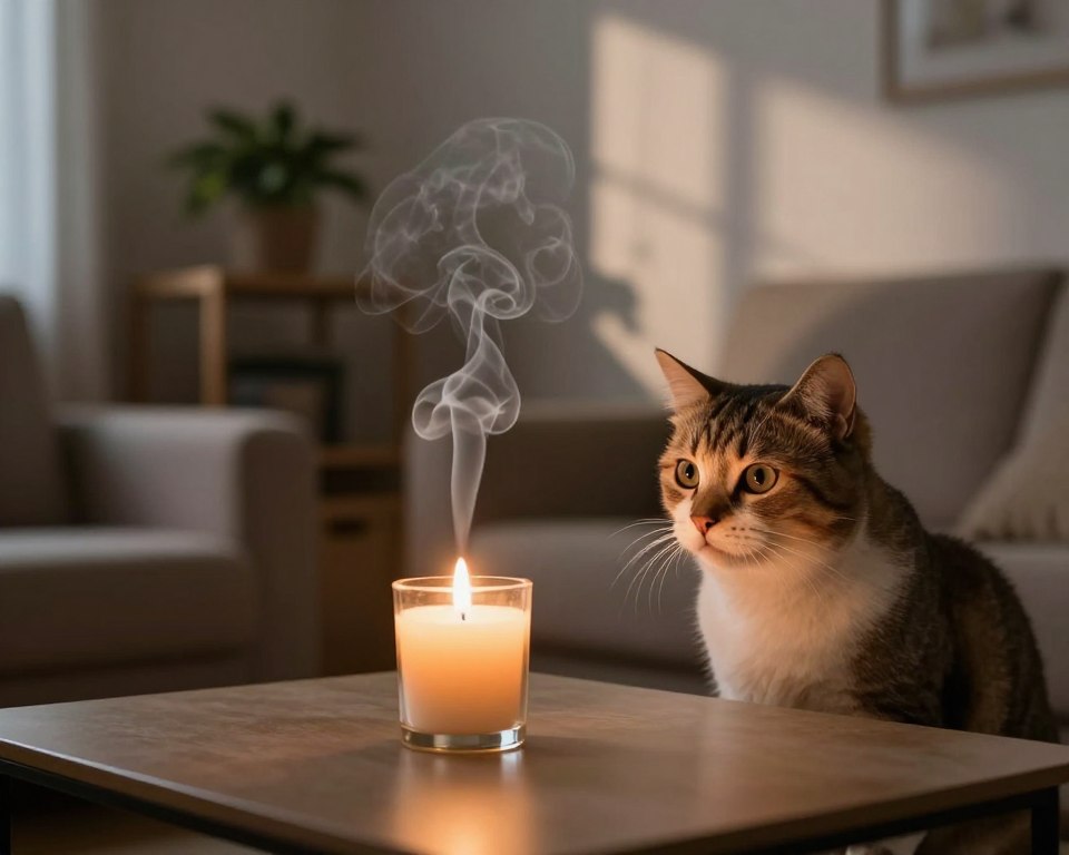 A cozy indoor living room setting filled with soft, muted lighting, where a lit candle sits prominently on a coffee table, emitting wisps of gray smoke that visibly swirl in the air. In the foreground, a curious pet cat watches the smoke intently, showcasing its wide eyes and slightly raised fur, conveying a sense of unease. In the middle, the candle's flickering flame casts dancing shadows on the walls, hinting at the potential dangers of indoor candle use. The background features a soft, blurred out shelf filled with houseplants, enhancing the homey atmosphere while subtly hinting at potential risks. The overall mood is tense yet informative, illustrating the unseen dangers of burning candles indoors for pets. The image captures the importance of air quality in a warm domestic environment. A cozy indoor living room setting filled with soft, muted lighting, where a lit candle sits prominently on a coffee table, emitting wisps of gray smoke that visibly swirl in the air. In the foreground, a curious pet cat watches the smoke intently, showcasing its wide eyes and slightly raised fur, conveying a sense of unease. In the middle, the candle's flickering flame casts dancing shadows on the walls, hinting at the potential dangers of indoor candle use. The background features a soft, blurred out shelf filled with houseplants, enhancing the homey atmosphere while subtly hinting at potential risks. The overall mood is tense yet informative, illustrating the unseen dangers of burning candles indoors for pets. The image captures the importance of air quality in a warm domestic environment.