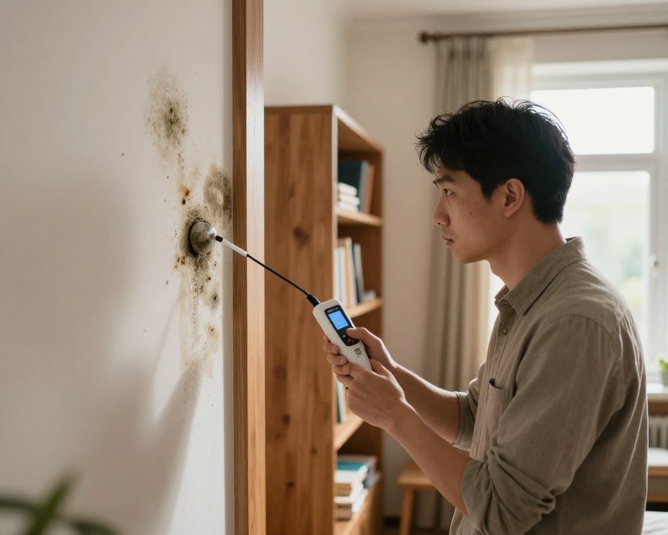 A cozy indoor room featuring signs of mold detection, emphasizing damp areas. In the foreground, a professional dressed in modest casual clothing carefully inspects a wall with mold patches using a handheld mold testing device. The middle ground showcases a wooden bookshelf with books and clutter, with visible water stains on the wall and a slight discoloration around door frames. In the background, soft, natural light filters through a window, casting gentle shadows that enhance the mood of concern and vigilance. The atmosphere feels both educational and serious, underscoring the importance of mold detection in home environments. Lens should capture a clear focus with a slight depth of field to draw attention to the mold detection process. A cozy indoor room featuring signs of mold detection, emphasizing damp areas. In the foreground, a professional dressed in modest casual clothing carefully inspects a wall with mold patches using a handheld mold testing device. The middle ground showcases a wooden bookshelf with books and clutter, with visible water stains on the wall and a slight discoloration around door frames. In the background, soft, natural light filters through a window, casting gentle shadows that enhance the mood of concern and vigilance. The atmosphere feels both educational and serious, underscoring the importance of mold detection in home environments. Lens should capture a clear focus with a slight depth of field to draw attention to the mold detection process.