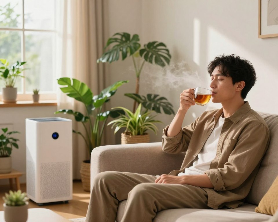 A cozy indoor space depicting a moment of relaxation and renewal, emphasizing the connection between indoor air quality and fatigue. In the foreground, a young professional man sits on a plush sofa wearing casual attire, sipping herbal tea, while inhaling deeply, his face reflecting contentment. In the middle ground, strategically placed indoor plants thrive, infusing the air with life, alongside an air purifier visibly active, indicating clean air circulation. The background features a soft, ambient lighting illuminating a well-ventilated room with large windows, allowing natural sunlight to filter through, creating an inviting atmosphere. The colors are warm and calming, with earthy tones dominating the decor, enhancing a sense of energy and revitalization. The overall mood conveys a serene yet engaging environment, promoting well-being and alertness.