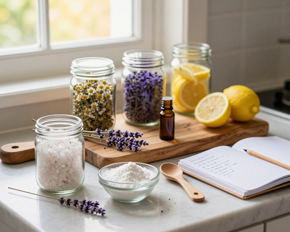 A cozy kitchen countertop scene featuring glass jars filled with colorful, natural ingredients for a DIY laundry scent booster. In the foreground, a clear jar of coarse sea salt, a small bowl of baking soda, and essential oils like lavender and lemon are artistically arranged with wooden measuring spoons. The middle layer shows a rustic wooden cutting board, scattered dried flowers like lavender and chamomile, and a notebook with handwritten notes on scent combinations. The background reveals a softly lit window, letting warm, natural light flood the space, enhancing the inviting atmosphere. Capture the essence of a serene home environment, emphasizing safety and natural ingredients, using a warm color palette and soft focus to convey a sense of tranquility and DIY creativity. A cozy kitchen countertop scene featuring glass jars filled with colorful, natural ingredients for a DIY laundry scent booster. In the foreground, a clear jar of coarse sea salt, a small bowl of baking soda, and essential oils like lavender and lemon are artistically arranged with wooden measuring spoons. The middle layer shows a rustic wooden cutting board, scattered dried flowers like lavender and chamomile, and a notebook with handwritten notes on scent combinations. The background reveals a softly lit window, letting warm, natural light flood the space, enhancing the inviting atmosphere. Capture the essence of a serene home environment, emphasizing safety and natural ingredients, using a warm color palette and soft focus to convey a sense of tranquility and DIY creativity.