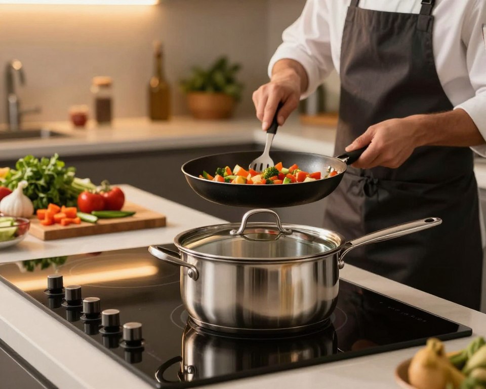 A cozy kitchen scene showcasing best practices for cooking with stainless steel pots and pans. In the foreground, a polished stainless steel saucepan with a lid sits on a sleek, modern induction cooktop, reflecting the warm, soft light from overhead fixtures. In the middle, a chef, dressed in professional attire—crisp white shirt and dark apron—stirs a colorful vegetable medley in a skillet, radiating focus and expertise. On the kitchen counter in the background, neatly arranged ingredients—fresh herbs, diced vegetables, and spices—create a vibrant, inviting atmosphere. The warm, ambient lighting enhances the polished surfaces, casting gentle shadows that add depth to the scene, evoking a sense of culinary artistry and safety.