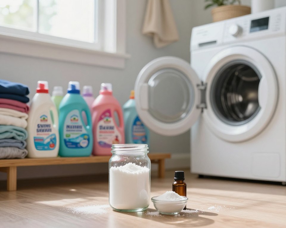 A cozy laundry room scene comparing homemade laundry detergent to store brands. In the foreground, a clear glass jar filled with homemade detergent, with natural ingredients like baking soda and essential oils displayed next to it. In the middle, various colorful store-brand detergent bottles neatly arranged on a wooden shelf, showcasing their labels. The background features a washing machine and neatly folded laundry, with soft, natural light filtering in through a window. The mood is inviting and informative, emphasizing a homemaking atmosphere. Use a wide-angle lens to capture the entire scene, highlighting the contrast between the simplicity of homemade options and the commercial appeal of store brands. A cozy laundry room scene comparing homemade laundry detergent to store brands. In the foreground, a clear glass jar filled with homemade detergent, with natural ingredients like baking soda and essential oils displayed next to it. In the middle, various colorful store-brand detergent bottles neatly arranged on a wooden shelf, showcasing their labels. The background features a washing machine and neatly folded laundry, with soft, natural light filtering in through a window. The mood is inviting and informative, emphasizing a homemaking atmosphere. Use a wide-angle lens to capture the entire scene, highlighting the contrast between the simplicity of homemade options and the commercial appeal of store brands.