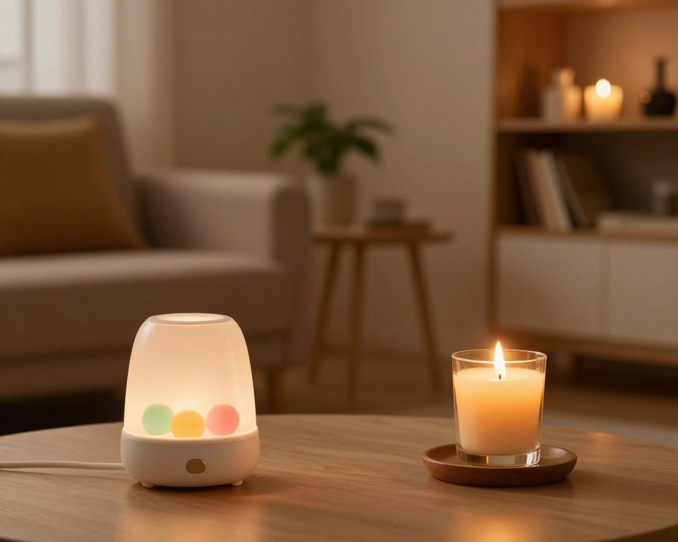 A cozy living room setting featuring a side-by-side comparison of a wax melt warmer and a traditional candle holder. In the foreground, the wax melt warmer emits a soft glow, showcasing colorful wax melts within, while the candle holder holds a burning candle that flickers gently. The middle ground displays a comfortable armchair with a small side table, enhancing the homey atmosphere. In the background, a warm, inviting ambiance is created by soft, ambient lighting, with house plants and a decorative bookshelf visible. The scene captures a sense of safety and warmth, emphasizing the differences between the two methods of home fragrance. The image should be well-lit, with a focus on the contrasting elements of the wax melt warmer and candle holder, inviting viewers to contemplate home safety.