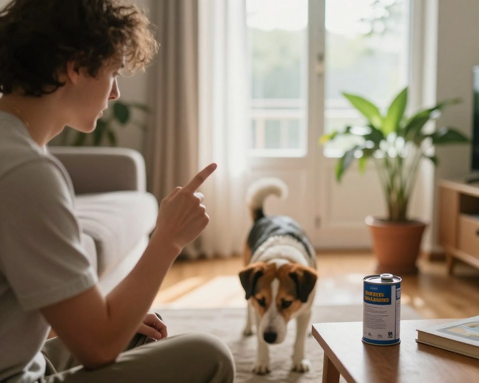 A cozy living room setting, highlighting a vigilant pet owner observing a curious dog sniffing around the floor. In the foreground, the owner gently raises a cautionary finger while pointing toward a can of ant spray placed on a nearby table, emphasizing pet safety. In the middle ground, the dog appears inquisitive yet cautious, showcasing a mix of curiosity and apprehension. The background reveals a sunlit window with sheer curtains, creating a warm and inviting atmosphere, while potted plants add a touch of nature, symbolizing a safe haven. The lighting is soft and natural, reminiscent of a late afternoon glow, enhancing the homey feel. Use a shallow depth of field to keep the focus on the interaction while softly blurring the background.