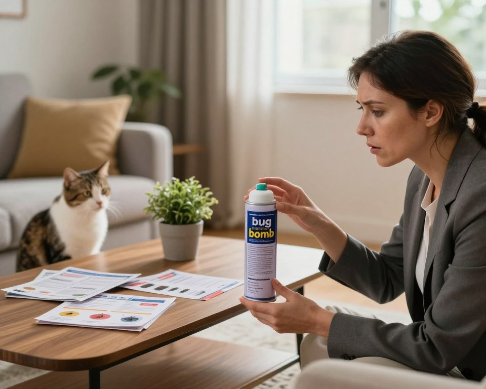 A cozy living room setting showcasing the safety concerns of indoor bug bombs. In the foreground, a concerned woman in professional attire examines an aerosol can labeled “bug bomb,” with her hand hovering near it, while a curious cat cautiously watches from a nearby chair. In the middle ground, a small coffee table scattered with safety information pamphlets and a potted plant, emphasizing a homey environment. The background features a window with soft natural light filtering in, creating a warm atmosphere. The overall mood conveys a blend of curiosity and caution, encouraging viewers to consider the implications of using bug bombs indoors for both humans and pets. The composition is well-lit with a slightly elevated angle, enhancing the feeling of inquiry and safety.