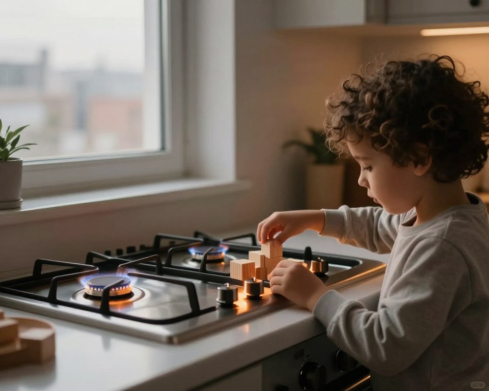 A cozy, modern kitchen featuring a gas stove with a warm, inviting glow from the burners. In the foreground, a child with curly hair is seen playing with toy blocks, wearing casual but neat clothing, embodying a sense of innocence and comfort. The middle ground captures a detailed view of the gas stove, showing a slightly flickering flame, creating a contrast between the warm light and the ambient shadows around it. In the background, a window reveals a cityscape, hinting at pollution outside, with subtle smog visible in the distance. Soft, natural lighting fills the kitchen, enhancing the domestic feel while conveying an underlying tension about air quality. The overall mood is reflective, blending warmth with a sense of concern for health.
