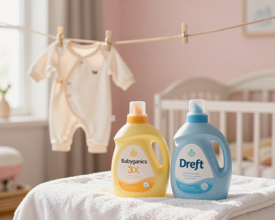A cozy nursery setting featuring two bottles of laundry detergent specifically designed for newborns, one labeled "Babyganics 3X" and the other "Dreft." In the foreground, the brightly colored bottles are perched on a soft, fluffy white towel, evoking a sense of freshness and cleanliness. In the middle ground, a small, adorable onesie hangs on a clothesline made of natural twine, symbolizing delicate baby clothing. The background is softly blurred, showcasing pastel-colored walls with gentle lighting that creates a warm, inviting atmosphere. This peaceful scene reflects care and consideration for newborn skin, emphasizing the importance of choosing the right safe detergent. Soft sunlight streams in through a nearby window, illuminating the products with a gentle glow.