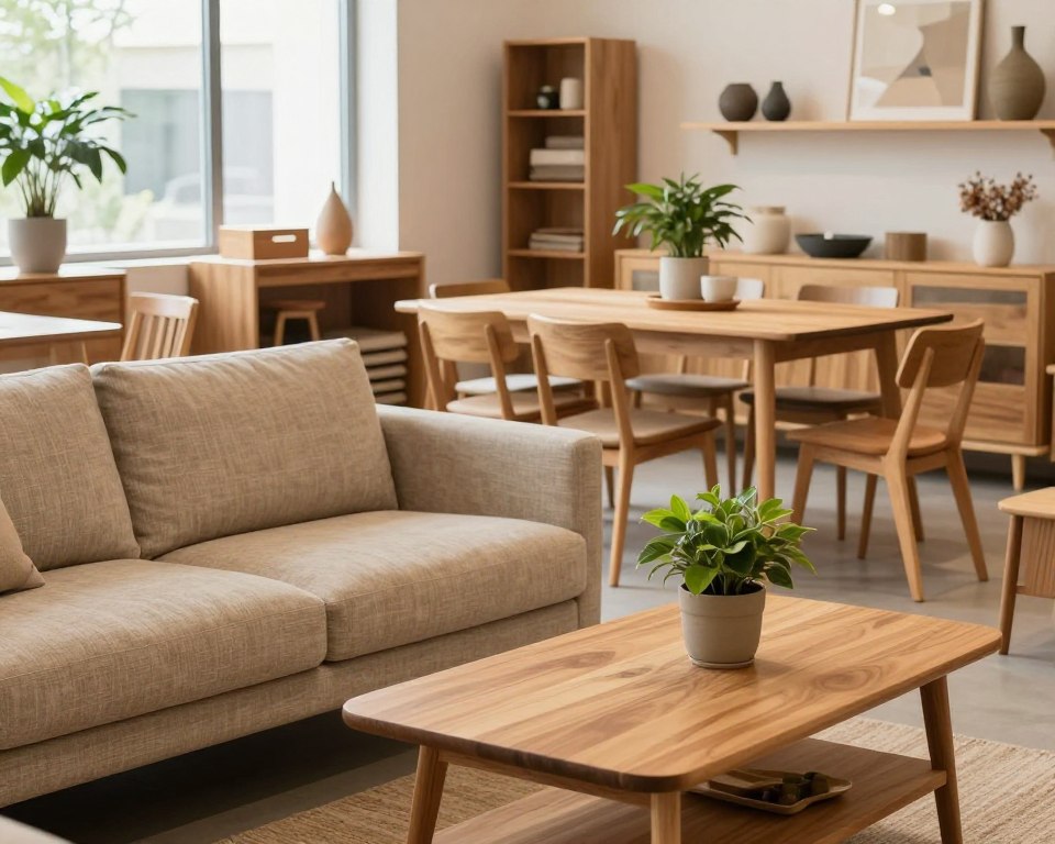 A cozy, well-lit furniture showroom featuring various pieces made from eco-friendly materials. In the foreground, a stylish, low-emission sofa upholstered in natural fibers sits beside a sleek wooden coffee table. A small potted plant is placed on the table, emphasizing a fresh, clean environment. In the middle ground, several other furniture items, such as a sustainable wooden dining table and chairs, are displayed prominently, showcasing their modern design. Soft, natural light filters through large windows, creating a warm and inviting atmosphere. The background shows shelves with stylish decor and additional low-emission furniture, all in a neat and orderly setting. The overall mood is one of tranquility and health, encouraging an interest in sustainable living.