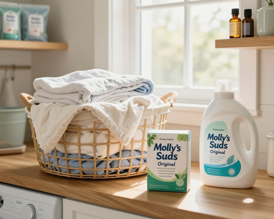 A cozy, well-lit laundry room featuring a basket of clean laundry made from hypoallergenic fabrics, such as soft cotton and bamboo, neatly folded and arranged on a wooden countertop. In the foreground, a box of Molly’s Suds Original Laundry Powder, with a focus on its natural ingredients, prominently displayed next to a bottle of liquid detergent with a warning label about potential skin irritants. The middle ground features an open window letting in soft, diffused sunlight, creating a warm and inviting atmosphere. In the background, shelves stocked with soothing laundry essentials for sensitive skin, such as fragrance-free dryer sheets and essential oil blends, emphasize the importance of skin safety. The scene conveys a sense of calm and care for those with eczema and skin sensitivity. A cozy, well-lit laundry room featuring a basket of clean laundry made from hypoallergenic fabrics, such as soft cotton and bamboo, neatly folded and arranged on a wooden countertop. In the foreground, a box of Molly’s Suds Original Laundry Powder, with a focus on its natural ingredients, prominently displayed next to a bottle of liquid detergent with a warning label about potential skin irritants. The middle ground features an open window letting in soft, diffused sunlight, creating a warm and inviting atmosphere. In the background, shelves stocked with soothing laundry essentials for sensitive skin, such as fragrance-free dryer sheets and essential oil blends, emphasize the importance of skin safety. The scene conveys a sense of calm and care for those with eczema and skin sensitivity.