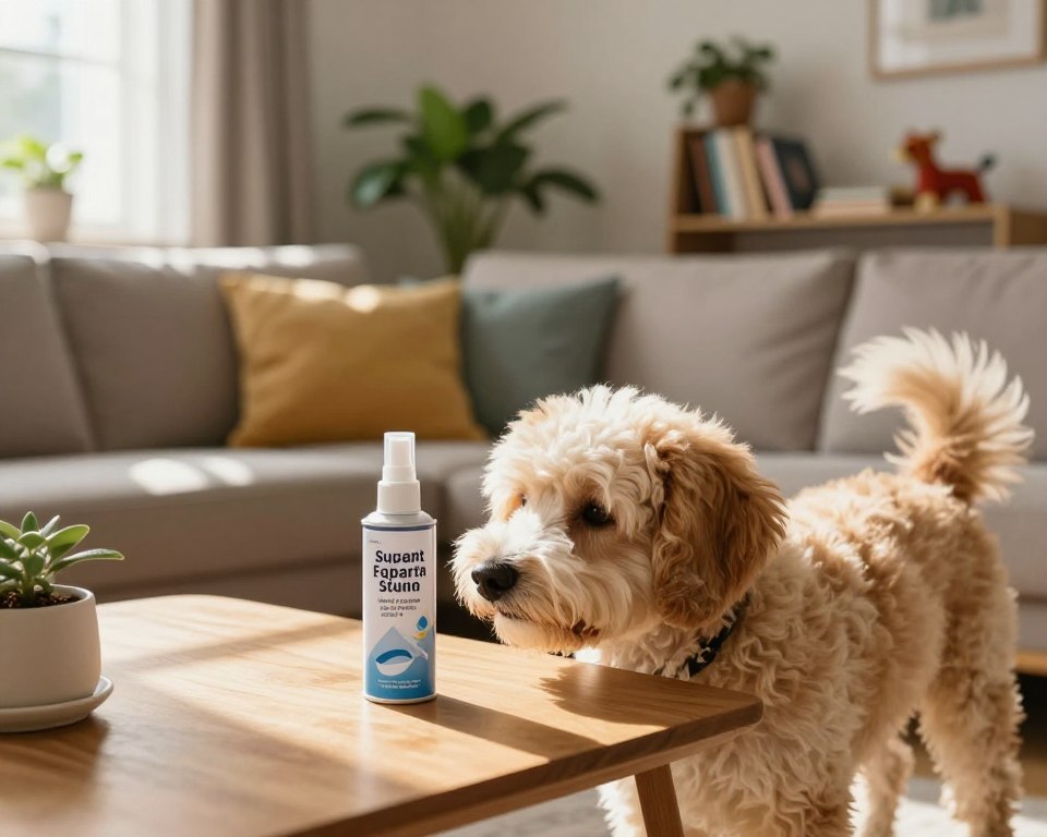 A cozy, well-lit living room interior showcasing a can of pet-safe bug spray resting on a wooden table. In the foreground, a curious, fluffy dog sniffing the can, with its tail wagging playfully. The middle of the scene features a comfortable couch adorned with colorful throw pillows, and a few house plants adding a touch of greenery. A sunbeam filters through a nearby window, casting a warm light that creates soft shadows. In the background, a tidy shelf displays books and pet toys, enhancing the homey atmosphere. The overall mood is cheerful and inviting, emphasizing a safe environment for pets after pest treatment. The composition is captured with a slight tilt angle to create a dynamic yet harmonious view, ensuring the focus remains on the pet and the bug spray.
