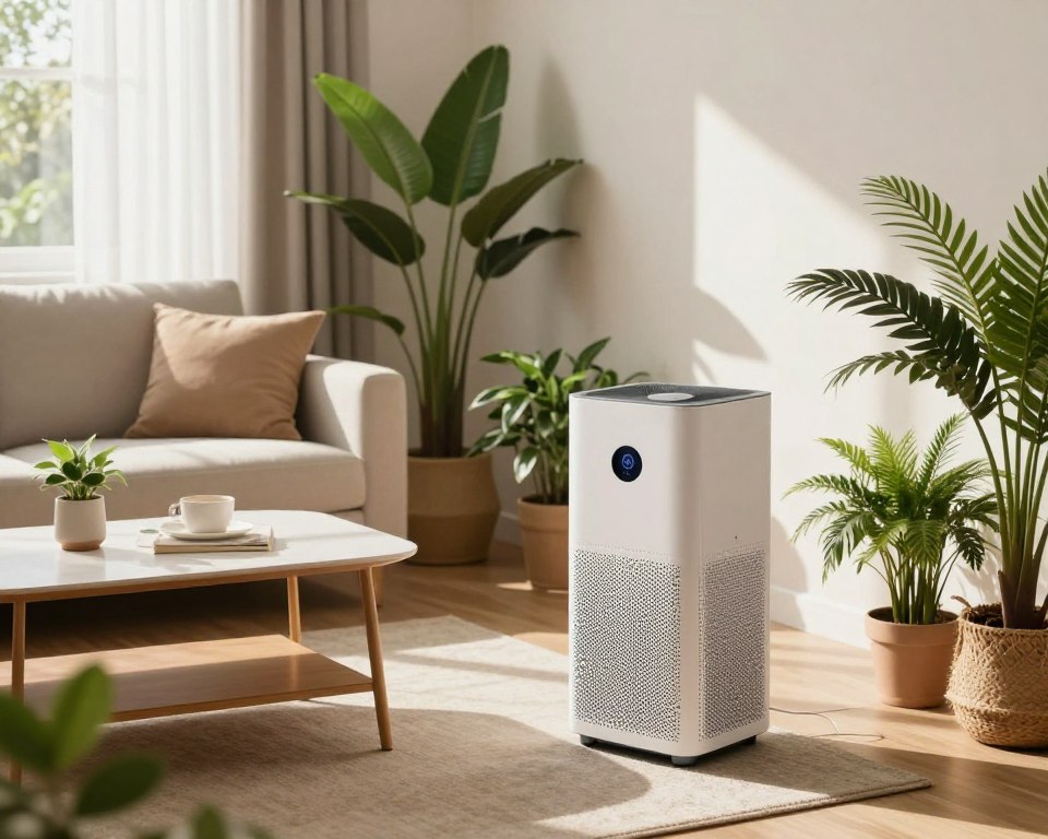 A cozy, well-lit living room showcasing an air purifier in a strategic placement for maximum efficiency. In the foreground, a modern, sleek air purifier stands near a window, surrounded by lush indoor plants that enhance the natural atmosphere. The middle ground features a comfortable sofa and a stylish coffee table, creating an inviting space. In the background, soft natural light streams through sheer curtains, illuminating the room and casting gentle shadows. The angle is slightly elevated, providing a clear view of the air purifier’s position in relation to furniture and plants. The overall mood is serene and fresh, emphasizing air quality and wellness. A cozy, well-lit living room showcasing an air purifier in a strategic placement for maximum efficiency. In the foreground, a modern, sleek air purifier stands near a window, surrounded by lush indoor plants that enhance the natural atmosphere. The middle ground features a comfortable sofa and a stylish coffee table, creating an inviting space. In the background, soft natural light streams through sheer curtains, illuminating the room and casting gentle shadows. The angle is slightly elevated, providing a clear view of the air purifier’s position in relation to furniture and plants. The overall mood is serene and fresh, emphasizing air quality and wellness.