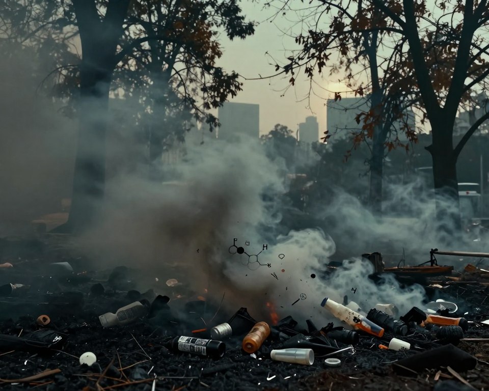 A dark, smoky scene depicting the adverse effects of burning plastic. In the foreground, charred plastic debris smolders, releasing thick, toxic fumes. There are small chemical symbols visually represented in the swirling smoke, signifying harmful substances. In the middle ground, silhouettes of trees are visible, their leaves wilting and turning brown as they succumb to pollution. The background reveals a hazy city skyline, shrouded in smog, with a faint glimmer of sunlight struggling to break through. The color palette is muted, dominated by blacks, grays, and sickly greens, creating an oppressive atmosphere. The lighting is dim, emphasizing the danger and toxicity of the situation. The scene captures a sense of foreboding and the serious health hazards associated with plastic combustion.