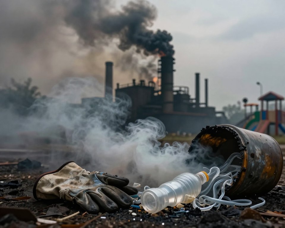 A dense, smoky environment depicting the dangers of burning plastic. In the foreground, a pair of industrial gloves lies discarded beside an overturned container of melted plastic, emitting toxic fumes. In the middle ground, a darkened silhouette of a factory is visible, with billowing smoke stacks releasing thick, acrid smoke into the air, reflecting the harmful consequences of plastic incineration. In the background, a blurred image of a child's play area is partially visible, symbolizing the developmental risks posed to future generations. The lighting is dim and foreboding, with a moody atmosphere that emphasizes urgency and concern. Use a wide-angle lens effect to enhance the scene's depth, inviting viewers to contemplate the long-term neurological and developmental impacts of toxic exposure.