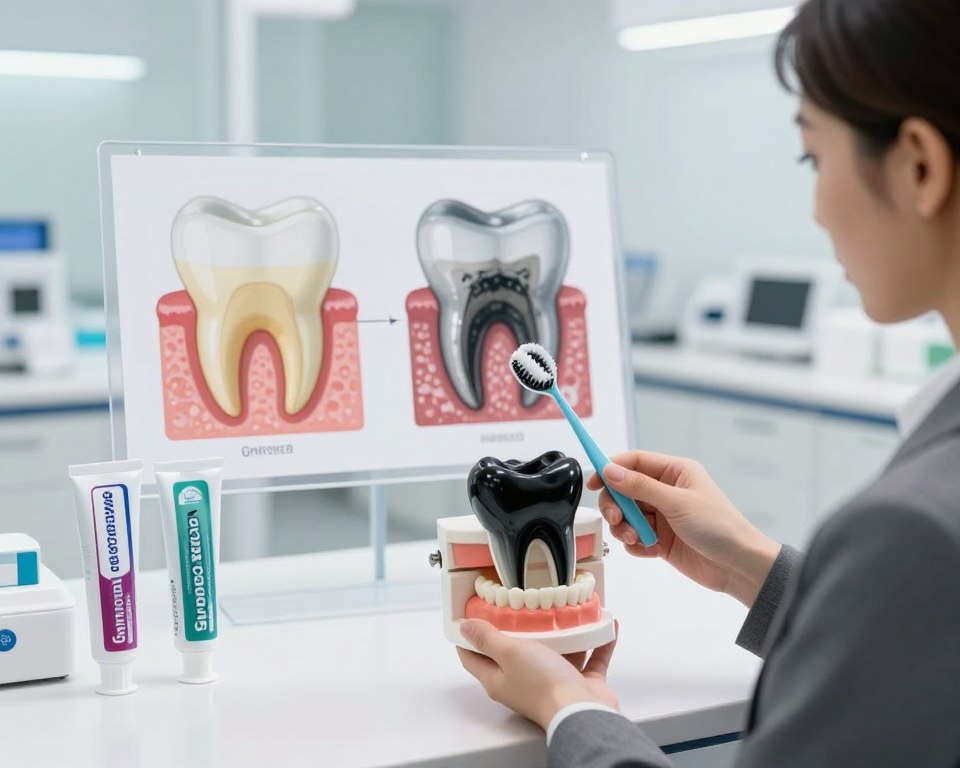 A dental health educator presents a visual aid illustrating the effects of activated charcoal toothpaste on enamel. In the foreground, a professional in business attire is holding an oversized tooth model with layers revealing enamel structure, surrounded by various toothpaste tubes, including activated charcoal. The middle ground features a clear infographic with cross-sectional views of teeth, highlighting enamel erosion and its limitations. The background softly blurs into a dental clinic setting with bright, sterile lighting, creating a clean and informative atmosphere. The image captures a mood of professionalism and enlightenment, focusing on educational limitations and the importance of understanding dental health. Use a high-angle shot to emphasize the visual elements, with soft, diffused lighting to enhance clarity. A dental health educator presents a visual aid illustrating the effects of activated charcoal toothpaste on enamel. In the foreground, a professional in business attire is holding an oversized tooth model with layers revealing enamel structure, surrounded by various toothpaste tubes, including activated charcoal. The middle ground features a clear infographic with cross-sectional views of teeth, highlighting enamel erosion and its limitations. The background softly blurs into a dental clinic setting with bright, sterile lighting, creating a clean and informative atmosphere. The image captures a mood of professionalism and enlightenment, focusing on educational limitations and the importance of understanding dental health. Use a high-angle shot to emphasize the visual elements, with soft, diffused lighting to enhance clarity.