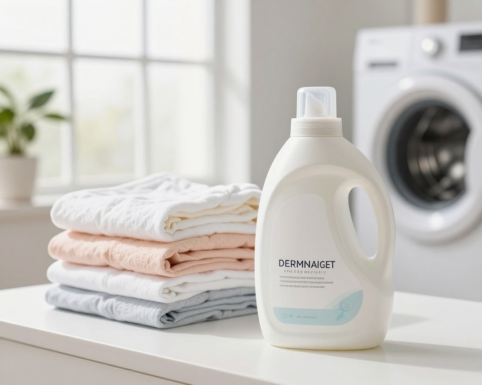 A dermatologist-approved laundry detergent displayed prominently in an elegant, modern laundry room. In the foreground, a sleek, minimalist bottle adorned with a subtle, hypoallergenic label sits on a clean, white surface. The middle ground features a neatly arranged stack of freshly laundered clothes, showcasing a gentle color palette of soft whites and pastels, emphasizing the detergent’s suitability for sensitive skin. In the background, natural light streams through a large window, creating a warm, inviting atmosphere. The setting is airy and bright, with potted plants subtly incorporated to convey a sense of purity and health. Capture this scene with a soft-focus lens effect to evoke a calming and reassuring mood, emphasizing the importance of dermatologist recommendations for laundry care. A dermatologist-approved laundry detergent displayed prominently in an elegant, modern laundry room. In the foreground, a sleek, minimalist bottle adorned with a subtle, hypoallergenic label sits on a clean, white surface. The middle ground features a neatly arranged stack of freshly laundered clothes, showcasing a gentle color palette of soft whites and pastels, emphasizing the detergent’s suitability for sensitive skin. In the background, natural light streams through a large window, creating a warm, inviting atmosphere. The setting is airy and bright, with potted plants subtly incorporated to convey a sense of purity and health. Capture this scene with a soft-focus lens effect to evoke a calming and reassuring mood, emphasizing the importance of dermatologist recommendations for laundry care.
