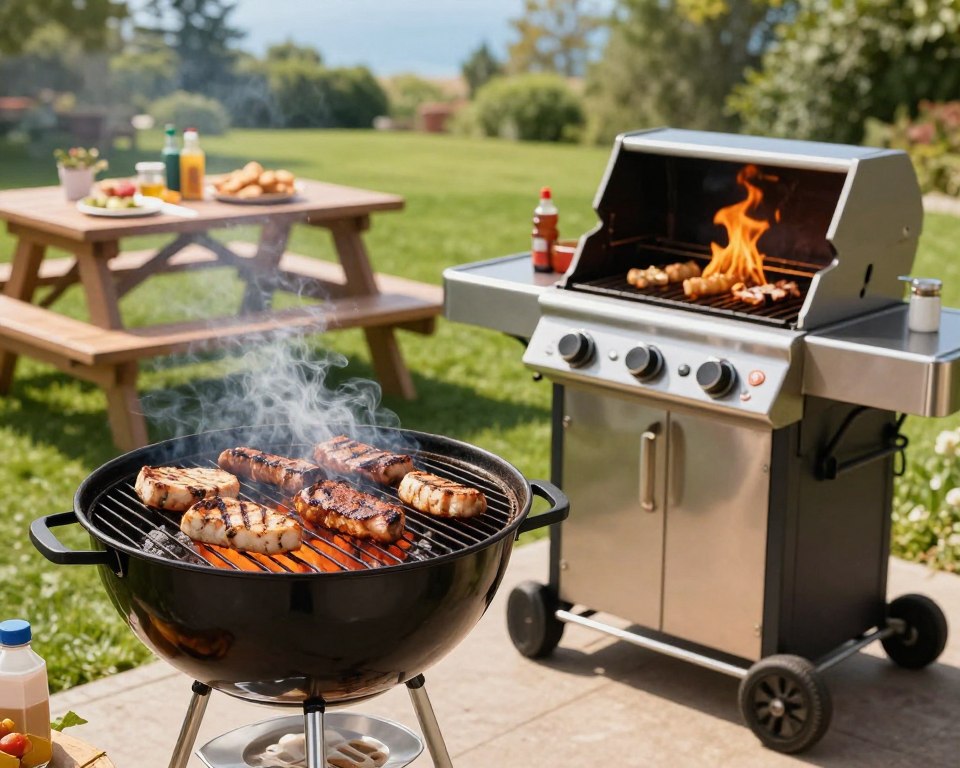 A detailed and engaging scene showcasing the contrast between charcoal and gas grilling. In the foreground, a charcoal grill with glowing embers and wisps of smoke rising, illuminating a few pieces of deliciously grilled food. Beside it, a sleek gas grill with a shiny surface, flames flickering under a grill grate, presenting a modern cooking method. In the middle ground, a vibrant outdoor setting with a picnic table set for a barbecue, filled with condiments and side dishes. In the background, a lush green lawn and blue sky, creating a warm and inviting atmosphere. The scene is bathed in soft sunlight, casting long shadows to enhance depth, captured from an eye-level angle to emphasize the grills and the food. The mood is lively and cheerful, perfect for a summer cookout.
