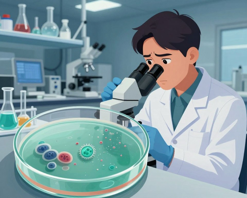 A detailed and evocative illustration showcasing the impact of microplastics on human fertility. In the foreground, a close-up of a petri dish containing tiny microplastic particles amidst human reproductive cells, emphasizing their size contrast. In the middle, a scientist in professional lab attire examines the dish with a microscope, looking concerned and thoughtful. In the background, a laboratory setting is visible, filled with high-tech equipment and glassware, under soft, focused lighting that creates an atmosphere of seriousness and urgency. The color palette should be cool and sterile, with blues and greens dominating, to evoke a sense of scientific inquiry and the critical nature of the topic.
