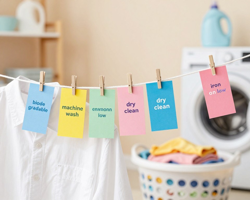 A detailed and informative laundry label on fabric, showcasing various common terminology such as "biodegradable," "machine wash," "dry clean," and "iron on low." The labels are arranged in a visually appealing way, with each term prominently displayed on a tag hanging from a freshly laundered shirt. The foreground features a crisp, white shirt and vibrant, colorful laundry tags, elegantly draped. In the middle ground, a soft-focus laundry basket filled with neatly folded clothes provides context. The background is a warm, well-lit laundry room with pastel-colored walls and shelves displaying laundry supplies, creating a welcoming atmosphere. Use soft, natural lighting to emphasize the cleanliness and eco-friendliness, capturing a mood of sustainability and domestic harmony, with a slight depth of field to accentuate the labels.