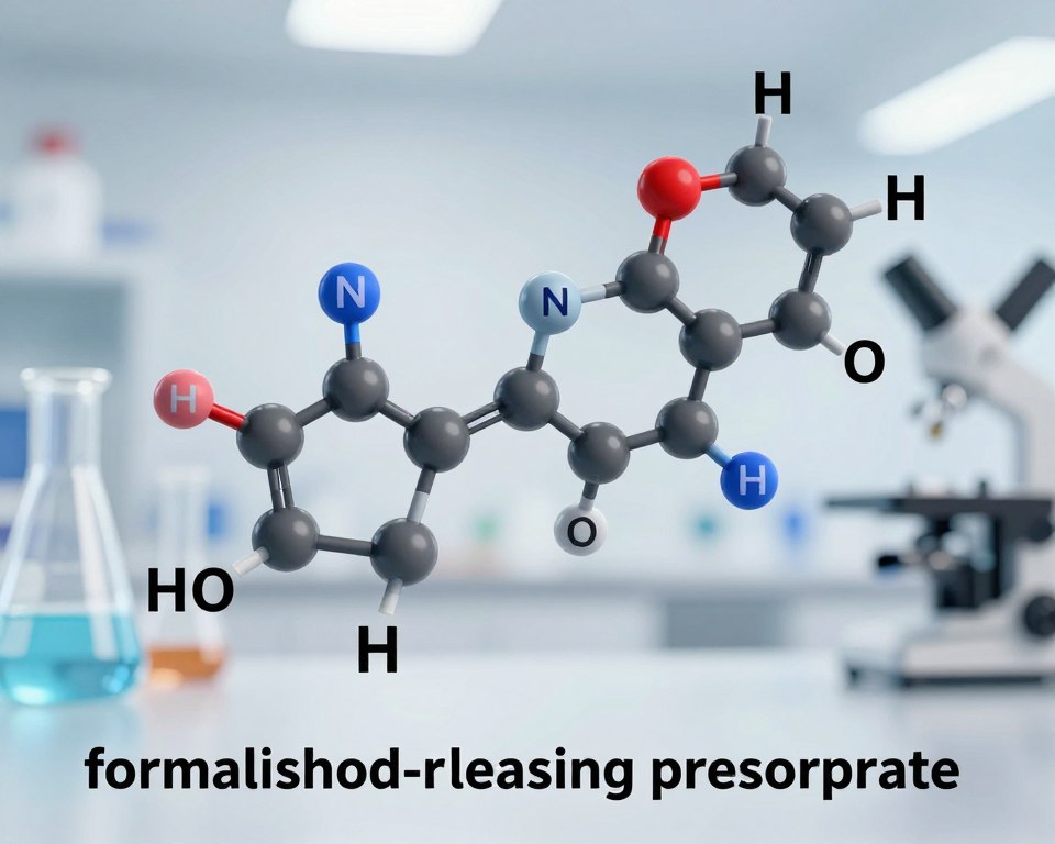 A detailed and intricate representation of the chemical structure of a formaldehyde-releasing preservative, featuring a molecular diagram with labels for key functional groups. In the foreground, emphasize the bonds connecting carbon and nitrogen atoms, showcasing the three-dimensional nature of the molecule with highlighted areas for electron clouds. The middle layer should display a semi-transparent background illustrating the environment of a laboratory setting, including glassware and scientific instruments blurred out, to focus on the molecular structure. Utilize soft, diffused lighting to create a clinical and informative atmosphere, and apply a slight depth-of-field effect to emphasize the molecule while keeping the lab tools in soft focus. Maintain a clean, professional aesthetic without any text or additional elements. A detailed and intricate representation of the chemical structure of a formaldehyde-releasing preservative, featuring a molecular diagram with labels for key functional groups. In the foreground, emphasize the bonds connecting carbon and nitrogen atoms, showcasing the three-dimensional nature of the molecule with highlighted areas for electron clouds. The middle layer should display a semi-transparent background illustrating the environment of a laboratory setting, including glassware and scientific instruments blurred out, to focus on the molecular structure. Utilize soft, diffused lighting to create a clinical and informative atmosphere, and apply a slight depth-of-field effect to emphasize the molecule while keeping the lab tools in soft focus. Maintain a clean, professional aesthetic without any text or additional elements.