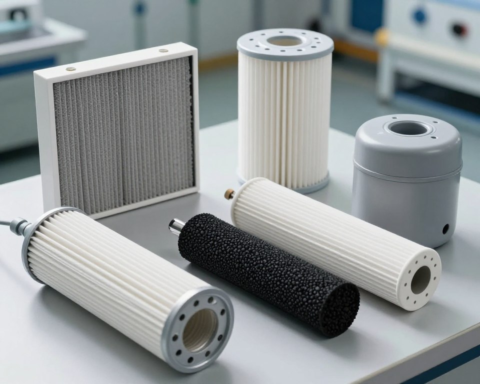 A detailed and realistic depiction of various types of activated carbon filters, showcasing a variety of shapes and sizes. In the foreground, feature a sleek cylindrical filter partially disassembled to reveal its granular activated carbon interior. In the middle ground, display a flat panel filter with a textured surface, alongside a compact portable filter designed for home use. The background shows an industrial setting with soft, diffused lighting that highlights the filters, casting subtle shadows. Use an overhead angle to capture all the filters, emphasizing their unique features. The overall atmosphere should be scientific and informative, suggesting a focus on air purification technology in a modern environment.