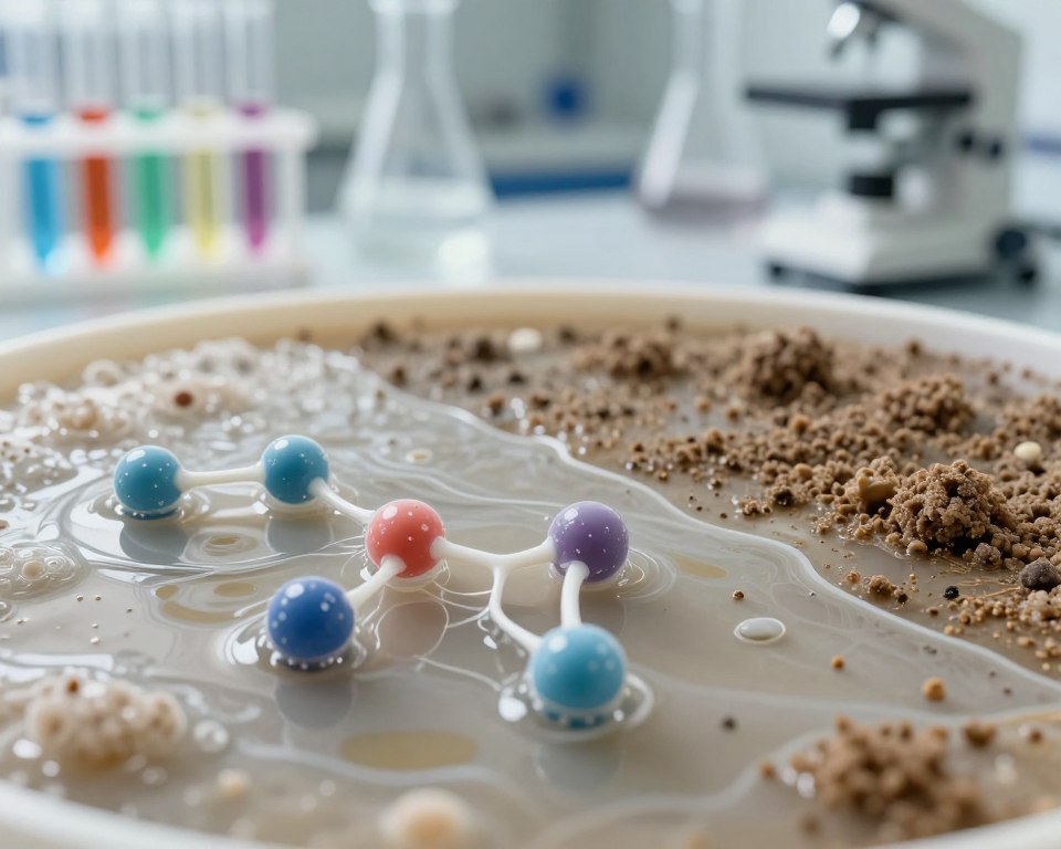 A detailed and scientific illustration of the surfactant mechanism in low-surfactant cleaning. In the foreground, depict tiny surfactant molecules interacting with water and soil particles, showcasing their unique structure with hydrophilic and hydrophobic ends. The middle section should feature a split view of clean and dirty surfaces, illustrating the effectiveness of low-surfactant cleaning. In the background, a laboratory setting can be seen with test tubes and scientific equipment, emphasizing the research aspect. Use soft, natural lighting to create clarity and focus, with a shallow depth of field to draw attention to the surfactant action. The atmosphere should be informative and professional, ideal for a scientific discussion. A detailed and scientific illustration of the surfactant mechanism in low-surfactant cleaning. In the foreground, depict tiny surfactant molecules interacting with water and soil particles, showcasing their unique structure with hydrophilic and hydrophobic ends. The middle section should feature a split view of clean and dirty surfaces, illustrating the effectiveness of low-surfactant cleaning. In the background, a laboratory setting can be seen with test tubes and scientific equipment, emphasizing the research aspect. Use soft, natural lighting to create clarity and focus, with a shallow depth of field to draw attention to the surfactant action. The atmosphere should be informative and professional, ideal for a scientific discussion.