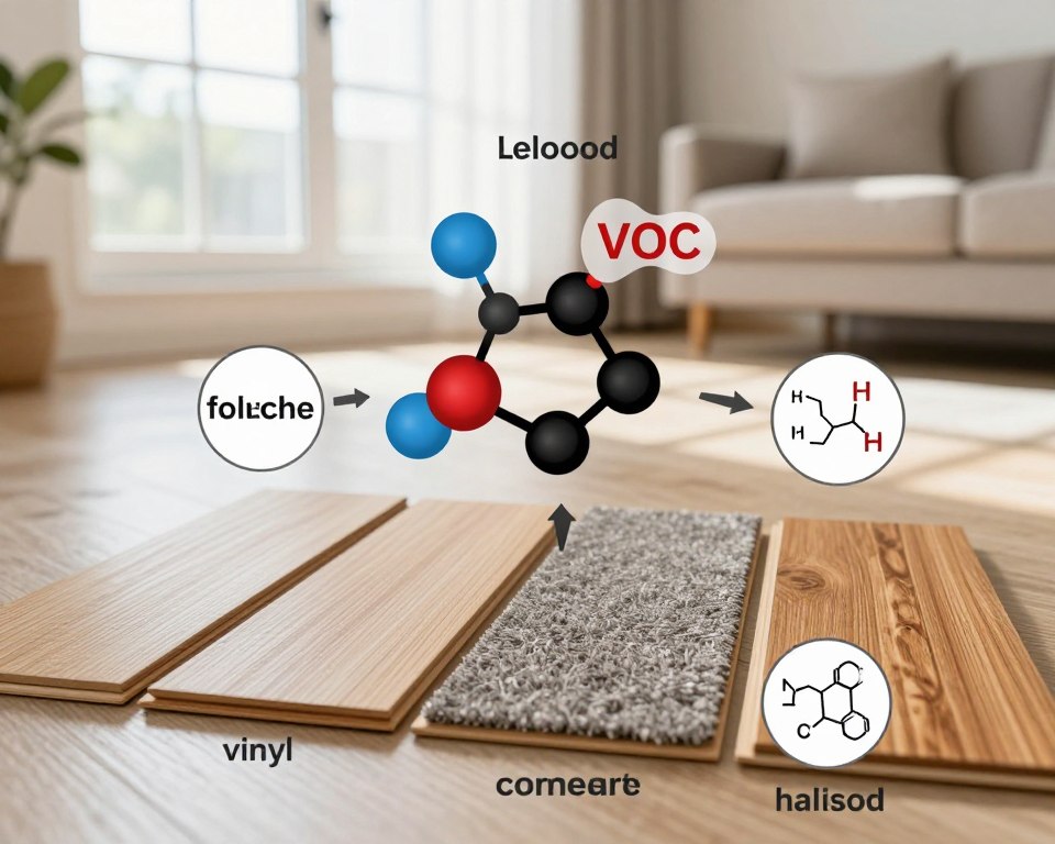 A detailed and visually informative illustration showing common volatile organic compounds (VOCs) and chemical compounds found in various flooring materials. In the foreground, include labeled samples of different flooring types: laminate, vinyl, carpet, and hardwood, with small magnified sections to show chemical structures. In the middle ground, display a stylized representation of VOC molecules, like formaldehyde and toluene, floating around the flooring samples, with arrows indicating their sources. The background should be a softly blurred interior room setting, with natural light streaming through a window to create a bright, informative atmosphere. Use a slight tilt-shift effect to enhance focus on the samples, conveying a sense of analysis and investigation. The mood should be scientific yet approachable, encouraging curiosity about flooring and health impacts. A detailed and visually informative illustration showing common volatile organic compounds (VOCs) and chemical compounds found in various flooring materials. In the foreground, include labeled samples of different flooring types: laminate, vinyl, carpet, and hardwood, with small magnified sections to show chemical structures. In the middle ground, display a stylized representation of VOC molecules, like formaldehyde and toluene, floating around the flooring samples, with arrows indicating their sources. The background should be a softly blurred interior room setting, with natural light streaming through a window to create a bright, informative atmosphere. Use a slight tilt-shift effect to enhance focus on the samples, conveying a sense of analysis and investigation. The mood should be scientific yet approachable, encouraging curiosity about flooring and health impacts.