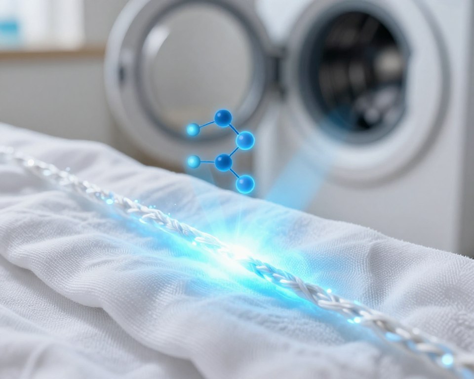 A detailed and visually striking illustration depicting the science of optical brighteners working on fabric. In the foreground, a close-up view of a vibrant white fabric fiber, saturated with glowing optical brighteners that emit a soft blue fluorescence under ultraviolet light. In the middle ground, a schematic overlay showing the interaction of optical brighteners with UV light, highlighting their molecular structure and how they absorb and re-emit light to enhance brightness. The background features a softly blurred laundry setting, with a washing machine and a gentle wash cycle in action. The mood is educational and engaging, with bright, clean lighting emphasizing the brightness of the fabric. Use a high angle shot for a comprehensive view of the fabric's texture and the optical effects. A detailed and visually striking illustration depicting the science of optical brighteners working on fabric. In the foreground, a close-up view of a vibrant white fabric fiber, saturated with glowing optical brighteners that emit a soft blue fluorescence under ultraviolet light. In the middle ground, a schematic overlay showing the interaction of optical brighteners with UV light, highlighting their molecular structure and how they absorb and re-emit light to enhance brightness. The background features a softly blurred laundry setting, with a washing machine and a gentle wash cycle in action. The mood is educational and engaging, with bright, clean lighting emphasizing the brightness of the fabric. Use a high angle shot for a comprehensive view of the fabric's texture and the optical effects.