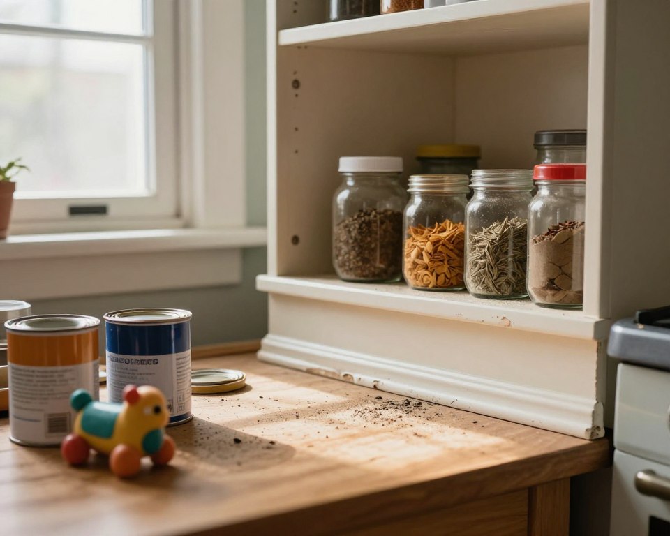 A detailed and well-lit kitchen scene depicting typical household sources of lead dust. In the foreground, a wooden table cluttered with various household items like old paint cans, a dusty toy, and a peeling baseboard. The middle ground features an open cabinet with jars of spices, some containing flaky remnants, showcasing the potential accumulation of lead particles. In the background, a window streams soft, natural light into the room, casting gentle shadows across the surfaces, creating a warm yet serious atmosphere. The lens perspective captures the scene at a slight angle, emphasizing depth and detail. Aim for a realistic, documentary-style image that highlights the importance of lead dust sources in everyday environments, underscoring the need for awareness and cleanup.