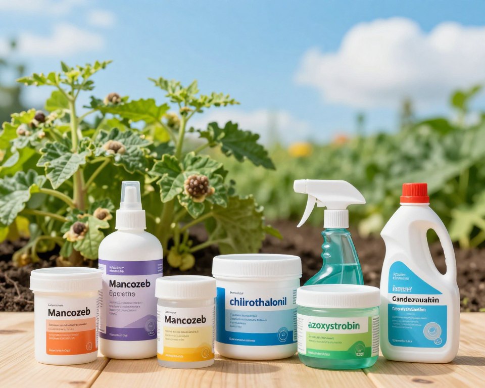 A detailed arrangement of common active ingredients found in garden fungicides. In the foreground, vividly illustrate several small labeled containers of various fungicide ingredients, such as mancozeb, chlorothalonil, and azoxystrobin, featuring distinct colors and shapes. The middle ground should include a soft focus image of a garden scene with lush green plants showing early signs of fungal infection, highlighting the need for fungicides. In the background, a bright blue sky with fluffy white clouds adds an uplifting atmosphere. Utilize warm, natural lighting to evoke a sense of hopefulness while maintaining a scientific, informative tone. Present the scene from a slightly elevated angle to capture both the ingredients and the garden context effectively.