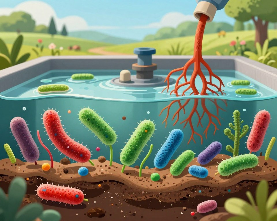 A detailed close-up illustration of a healthy bacteria ecosystem in a septic tank, showcasing vibrant microorganisms actively breaking down waste. In the foreground, depict a cross-section of the septic tank, emphasizing layers of soil, sludge, and clear water above, with various bacteria forms depicted in vivid colors—reds, greens, and blues. In the middle ground, include a representation of healthy root systems from nearby plants interacting with the tank. The background should feature a rural landscape under bright natural lighting, suggesting a healthy environment. Use a macro lens effect to capture intricate details, presenting an informative, educational atmosphere that highlights the importance of maintenance in septic systems. The overall mood should be balanced and enlightening.