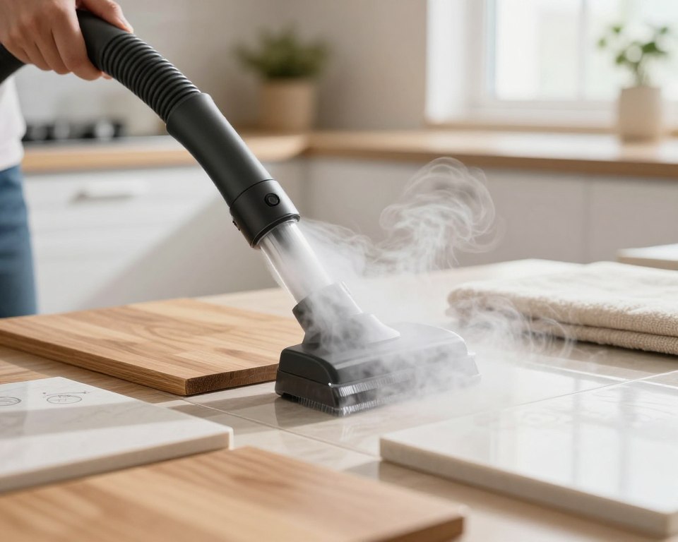 A detailed close-up image of various surfaces being steam cleaned, showcasing their material compatibility and safety. In the foreground, a steam cleaner emits a plume of steam over different surfaces like hardwood, tile, and upholstery. The middle ground features a clear label indicating the materials, enhancing the educational aspect. In the background, a clean, bright kitchen setting with natural light streaming through a window, casting soft shadows. The atmosphere is fresh and safe, conveying a sense of cleanliness. Use a shallow depth of field to focus on the steam and surfaces, with soft bokeh to create a calming ambiance that emphasizes the safe and effective nature of steam cleaning. A detailed close-up image of various surfaces being steam cleaned, showcasing their material compatibility and safety. In the foreground, a steam cleaner emits a plume of steam over different surfaces like hardwood, tile, and upholstery. The middle ground features a clear label indicating the materials, enhancing the educational aspect. In the background, a clean, bright kitchen setting with natural light streaming through a window, casting soft shadows. The atmosphere is fresh and safe, conveying a sense of cleanliness. Use a shallow depth of field to focus on the steam and surfaces, with soft bokeh to create a calming ambiance that emphasizes the safe and effective nature of steam cleaning.