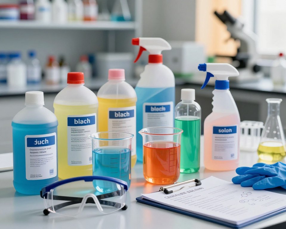 A detailed close-up image showcasing the composition of common pressure washer detergents on a laboratory table. In the foreground, a variety of detergent bottles, each labeled with ingredients like surfactants, bleach, and solvents, arranged artistically. The middle layer features transparent measuring cups filled with vibrant, colorful liquids representing the different detergents, alongside safety goggles, gloves, and a clipboard with chemical formulas. In the background, a blurred laboratory setting with shelves of cleaning products and scientific equipment softly illuminated by warm, diffuse lighting, creating a professional and informative atmosphere. The angle is slightly above eye level, capturing both the foreground details and hints of the lab environment. The mood is scholarly and investigative, perfect for understanding detergent compositions.