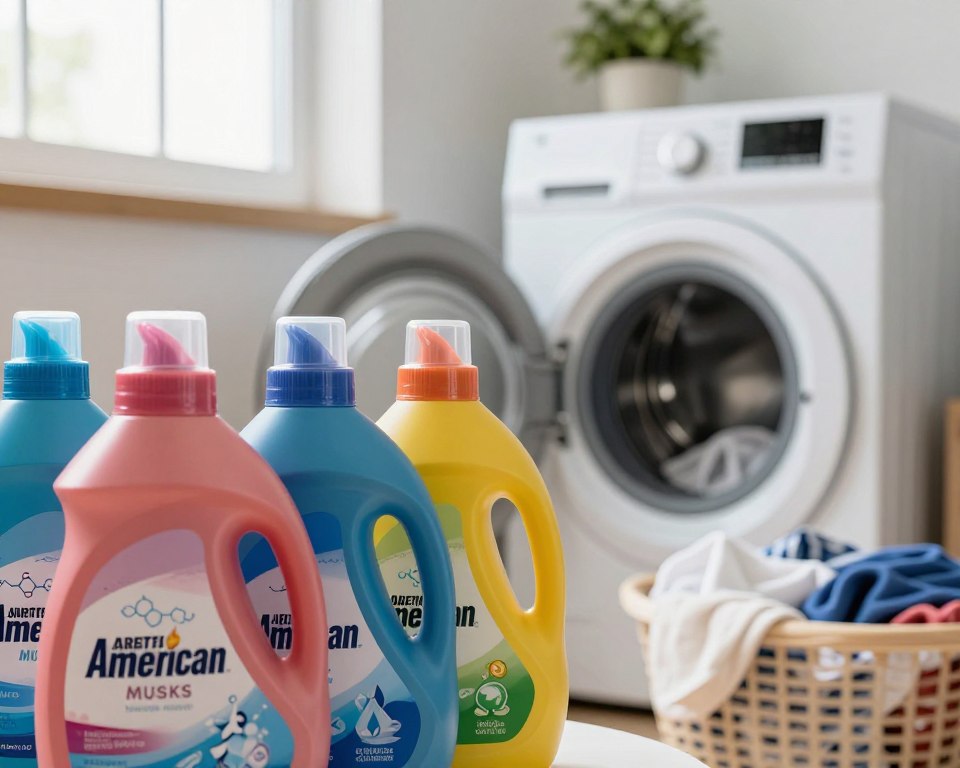 A detailed close-up view of synthetic musks highlighted in American laundry products, displayed in a well-lit, modern laundry room. In the foreground, feature vibrant, colorful bottles of liquid laundry detergent, their labels depicting chemical structures and environment-friendly symbols. In the middle ground, showcase a sleek washing machine and a basket filled with freshly laundered clothes, conveying a sense of everyday use. In the background, incorporate a window with natural light streaming in, casting soft shadows, and a small plant to emphasize a homey atmosphere. The mood should be informative yet inviting, illustrating the intersection of household products and regulatory awareness around health. Use a macro photography style to focus on the products' texture and details, enhancing viewer engagement.