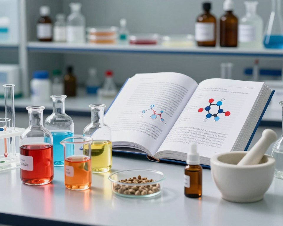 A detailed collection of chemical ingredients commonly found in scent boosters, elegantly arranged on a reflective laboratory surface. In the foreground, glass vials and beakers filled with vibrant colored liquids represent various synthetic fragrance compounds, such as phthalates and synthetic musks. A small mortar and pestle sit beside them, hinting at the blending process. In the middle, an open chemistry textbook displays molecular structures, emphasizing the scientific aspects behind these ingredients. The background consists of softly blurred laboratory shelves lined with other chemical bottles and petri dishes, creating an academic atmosphere. Bright, focused lighting highlights the textures of the glass and liquids, while a slight shadow adds depth. The mood is informative and curious, inviting viewers to explore the complexities and risks of these conventional scent boosters. A detailed collection of chemical ingredients commonly found in scent boosters, elegantly arranged on a reflective laboratory surface. In the foreground, glass vials and beakers filled with vibrant colored liquids represent various synthetic fragrance compounds, such as phthalates and synthetic musks. A small mortar and pestle sit beside them, hinting at the blending process. In the middle, an open chemistry textbook displays molecular structures, emphasizing the scientific aspects behind these ingredients. The background consists of softly blurred laboratory shelves lined with other chemical bottles and petri dishes, creating an academic atmosphere. Bright, focused lighting highlights the textures of the glass and liquids, while a slight shadow adds depth. The mood is informative and curious, inviting viewers to explore the complexities and risks of these conventional scent boosters.