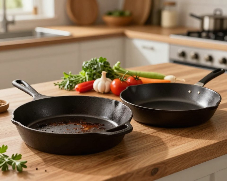 A detailed comparison between a cast iron skillet and a nonstick frying pan is depicted in an elegant kitchen setting. In the foreground, a cast iron skillet showcasing its seasoned surface and robust build sits on a wooden countertop, reflecting its durability. Beside it, a nonstick frying pan gleams with a smooth, reflective coating, emphasizing its easy-clean qualities. In the middle background, various fresh vegetables and herbs are artfully arranged, highlighting the versatility of both cookware types for healthy cooking. Soft, warm lighting bathes the scene, creating an inviting atmosphere. A blurred kitchen backdrop hints at a cozy home environment, suggesting wholesome meals are prepared here. The angle captures the essence of a culinary showdown, with a balanced composition that encourages viewers to ponder the safety aspects of each type of cookware. A detailed comparison between a cast iron skillet and a nonstick frying pan is depicted in an elegant kitchen setting. In the foreground, a cast iron skillet showcasing its seasoned surface and robust build sits on a wooden countertop, reflecting its durability. Beside it, a nonstick frying pan gleams with a smooth, reflective coating, emphasizing its easy-clean qualities. In the middle background, various fresh vegetables and herbs are artfully arranged, highlighting the versatility of both cookware types for healthy cooking. Soft, warm lighting bathes the scene, creating an inviting atmosphere. A blurred kitchen backdrop hints at a cozy home environment, suggesting wholesome meals are prepared here. The angle captures the essence of a culinary showdown, with a balanced composition that encourages viewers to ponder the safety aspects of each type of cookware.