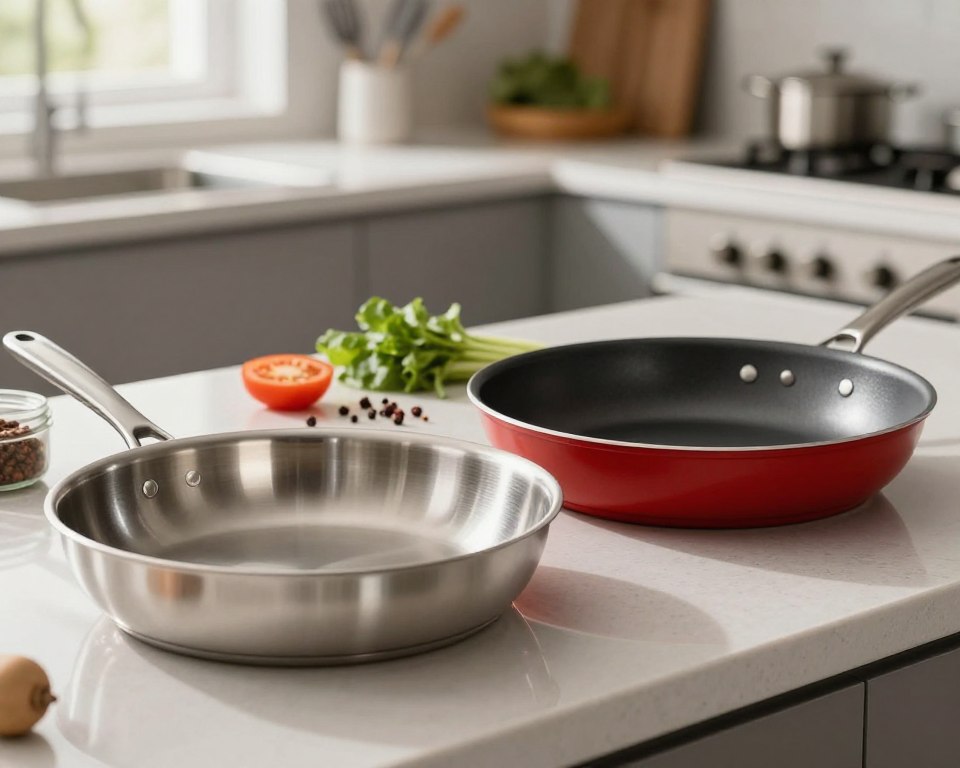 A detailed comparison between stainless steel cookware and non-stick coatings, featuring a modern kitchen countertop. In the foreground, a shiny stainless steel frying pan reflects ambient kitchen light, showcasing its smooth surface and polished finish. Beside it, a vibrant, textured non-stick skillet in a bold color demonstrates its unique surface. In the middle, ingredients like fresh vegetables and spices are artfully arranged, hinting at cooking activities. The background includes blurred kitchen elements, like utensils and a stove, warmly lit by natural light streaming through a window. The atmosphere is inviting and informative, emphasizing the practicality and aesthetics of each cookware type, captured in a professional, clean angle with soft focus.