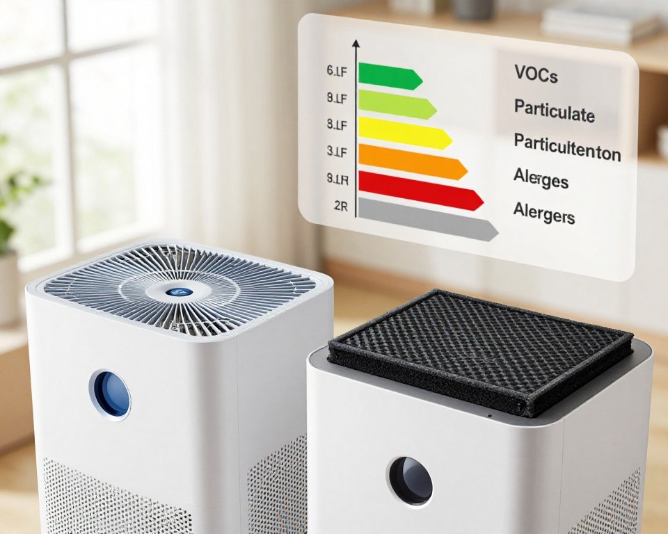 A detailed comparison image illustrating HEPA vs carbon air purification technologies. In the foreground, feature two sleek air purifiers: one HEPA model with a transparent section showcasing dense HEPA filters, and one activated carbon model, displaying its carbon filter with a textured surface. In the middle ground, include a chart with visual indicators showing efficiency against VOCs, particulate matter, and allergens. The background should depict a clean, bright indoor environment with soft natural lighting filtering through a window, enhancing the atmosphere of freshness and health. Capture the image from a slightly elevated angle to provide a comprehensive view, emphasizing the contrast between the two technologies while maintaining a professional and informative tone.
