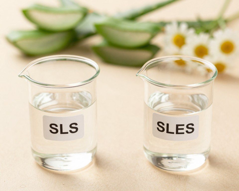 A detailed comparison image of Sodium Lauryl Sulfate (SLS) and Sodium Laureth Sulfate (SLES) for sensitive skin. In the foreground, two clear glass beakers holding liquid samples of SLS and SLES, with labels indicating each compound. The middle ground showcases a gentle skin texture, symbolizing sensitive skin, softly illuminated with a warm, diffused light to create a reassuring atmosphere. In the background, a blurred array of natural ingredients like aloe vera and chamomile flowers, suggesting soothing properties. The scene is captured with a slightly tilted angle to enhance visual interest, evoking a calm, informative mood, suitable for educational purposes, focusing on the safety aspects of these common detergents. No text, watermarks, or additional elements present. A detailed comparison image of Sodium Lauryl Sulfate (SLS) and Sodium Laureth Sulfate (SLES) for sensitive skin. In the foreground, two clear glass beakers holding liquid samples of SLS and SLES, with labels indicating each compound. The middle ground showcases a gentle skin texture, symbolizing sensitive skin, softly illuminated with a warm, diffused light to create a reassuring atmosphere. In the background, a blurred array of natural ingredients like aloe vera and chamomile flowers, suggesting soothing properties. The scene is captured with a slightly tilted angle to enhance visual interest, evoking a calm, informative mood, suitable for educational purposes, focusing on the safety aspects of these common detergents. No text, watermarks, or additional elements present.