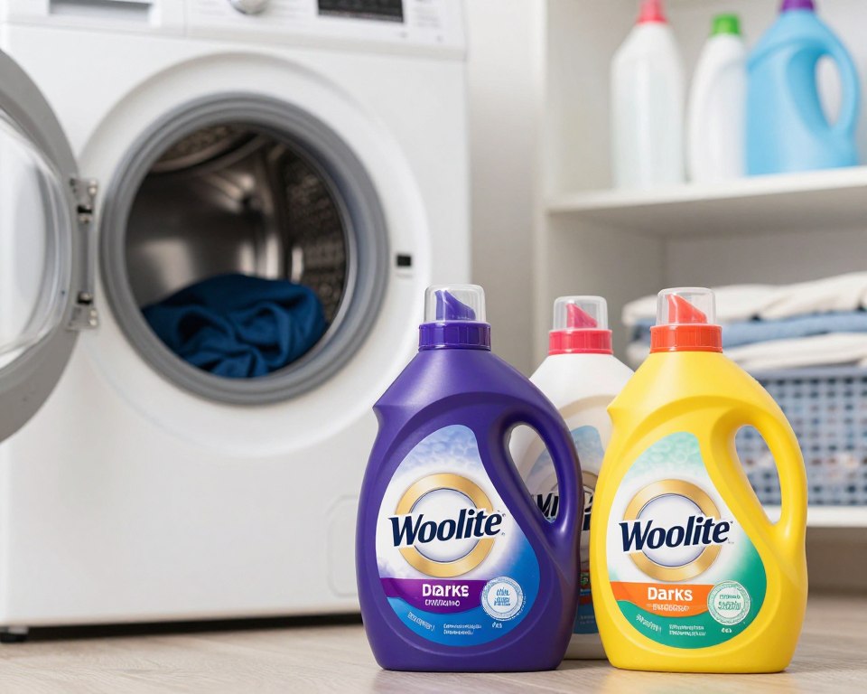A detailed comparison image showcasing Woolite Darks next to conventional laundry detergents. In the foreground, two neatly organized laundry bottles—one Woolite Darks with its distinctive dark purple packaging, and one or two typical brands of liquid detergent in bright, colorful packaging. The middle ground features a well-maintained washing machine, with a clear view of its open door, revealing a basket of dark clothing being prepared for wash. The background displays a clean, modern laundry room with shelves of neatly arranged laundry supplies. Soft, diffused lighting creates a welcoming atmosphere, highlighting the details of the bottles and the clothing. The angle is slightly above eye level, capturing the products head-on for a thorough visual comparison. The mood is informative and inviting, emphasizing the choice in laundry products. A detailed comparison image showcasing Woolite Darks next to conventional laundry detergents. In the foreground, two neatly organized laundry bottles—one Woolite Darks with its distinctive dark purple packaging, and one or two typical brands of liquid detergent in bright, colorful packaging. The middle ground features a well-maintained washing machine, with a clear view of its open door, revealing a basket of dark clothing being prepared for wash. The background displays a clean, modern laundry room with shelves of neatly arranged laundry supplies. Soft, diffused lighting creates a welcoming atmosphere, highlighting the details of the bottles and the clothing. The angle is slightly above eye level, capturing the products head-on for a thorough visual comparison. The mood is informative and inviting, emphasizing the choice in laundry products.