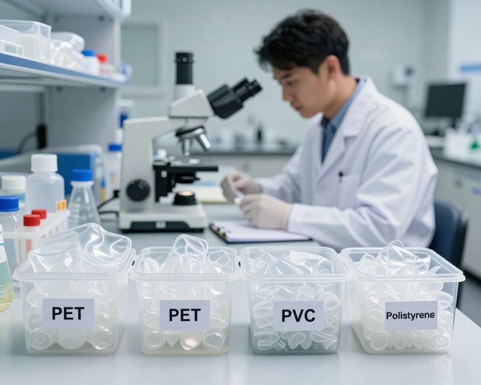A detailed comparison of polypropylene and other common plastics arranged on a laboratory table. In the foreground, clear containers filled with various types of plastics, labeled with each plastic type (e.g., Polypropylene, PET, PVC, Polystyrene). In the middle ground, a scientist in professional attire analyzing the samples, using a microscope and notebook. The background features a well-lit laboratory setting with shelves holding plastic materials and tools. Soft, diffused lighting creates a clean and informative atmosphere, emphasizing a focus on safety and science. The composition should be shot at eye level, showcasing the intricate details of the plastics and the seriousness of the research being conducted, inviting curiosity and engagement. A detailed comparison of polypropylene and other common plastics arranged on a laboratory table. In the foreground, clear containers filled with various types of plastics, labeled with each plastic type (e.g., Polypropylene, PET, PVC, Polystyrene). In the middle ground, a scientist in professional attire analyzing the samples, using a microscope and notebook. The background features a well-lit laboratory setting with shelves holding plastic materials and tools. Soft, diffused lighting creates a clean and informative atmosphere, emphasizing a focus on safety and science. The composition should be shot at eye level, showcasing the intricate details of the plastics and the seriousness of the research being conducted, inviting curiosity and engagement.