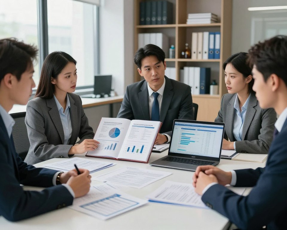 A detailed composition depicting a professional office environment focused on regulatory oversight of quaternary ammonium disinfectants. In the foreground, a diverse group of three regulatory experts, dressed in smart business attire, are engaged in a discussion around a large, glossy table strewn with scientific reports and safety data sheets. In the middle, an open binder featuring charts and graphs related to safety standards, accented by a laptop displaying regulatory compliance data. The background showcases a modern office with shelves filled with books on chemistry and public health, complemented by a large window allowing soft, natural light to filter in, creating an atmosphere of diligence and professionalism. The overall mood should convey a serious, analytical approach towards safety and oversight in the home use of disinfectants.