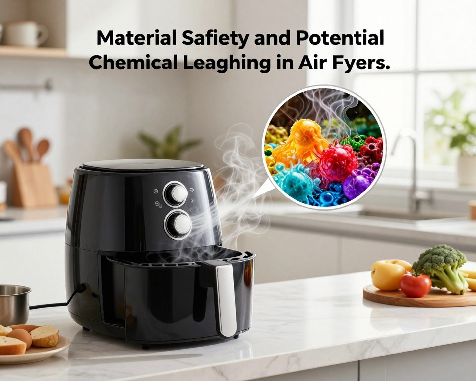 A detailed composition illustrating “Material Safety and Potential Chemical Leaching in Air Fryers.” In the foreground, a well-lit kitchen countertop features an air fryer, showcasing different materials like plastic and metal. Kitchen utensils and ingredients are placed artfully around it, highlighting everyday use. In the middle ground, a magnified view of chemical leaching is depicted, with vibrant colors representing toxins potentially escaping from the air fryer, blending into swirling air. The background shows a modern, clean kitchen environment with soft, natural lighting pouring through windows, evoking a sense of safety and domesticity. The atmosphere is informative yet inviting, suitable for educating the viewer about material safety and health considerations without overwhelming them with technical jargon.