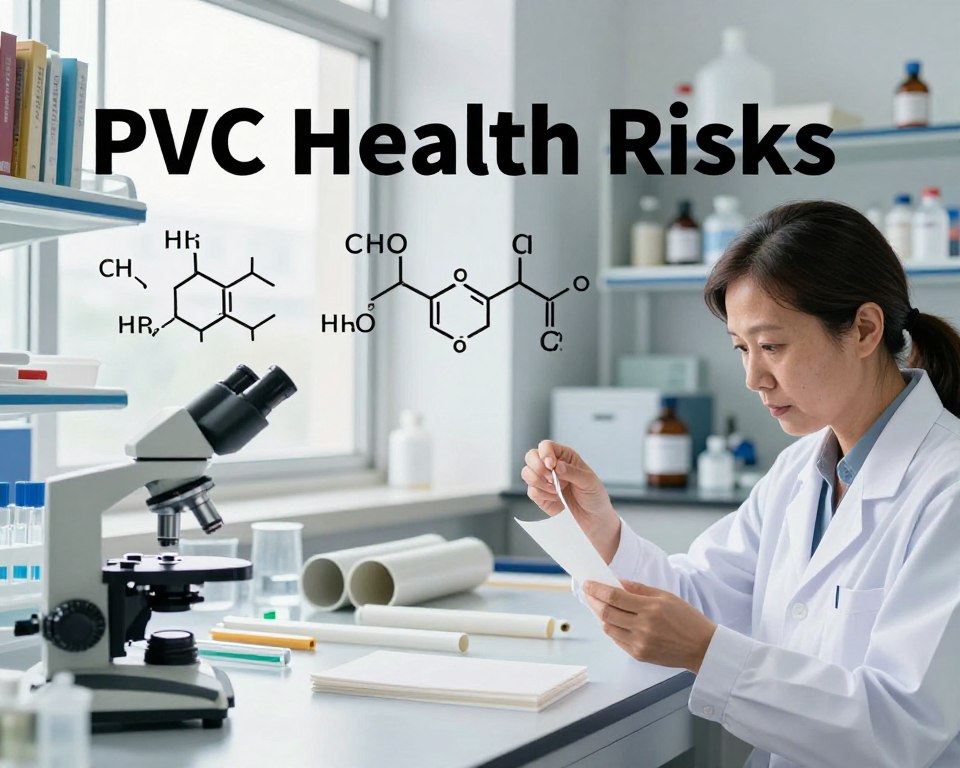 A detailed composition illustrating "PVC Health Risks," focusing on phthalates and stabilizers in PVC safety. In the foreground, depict a bright laboratory scene with a scientist, a middle-aged Asian woman in a lab coat, examining a sample of PVC with a microscope. In the middle, showcase an array of phthalate chemical structures artistically arranged alongside other PVC products like pipes and flooring, emphasizing their engineered design. The background features shelves filled with research books and chemical bottles, bathed in soft, natural light from a large window, creating a clean and professional atmosphere. The mood is serious and informative, conveying a sense of caution and scientific inquiry about the safety of PVC materials.