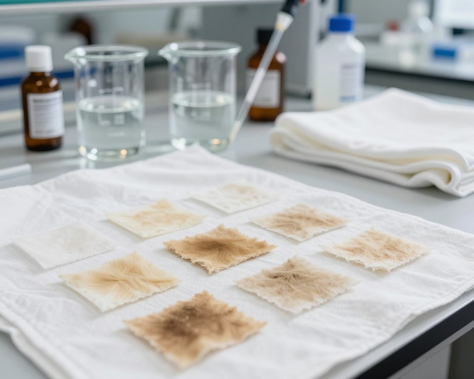 A detailed composition illustrating the effects of benzoyl peroxide concentration on fabric damage. In the foreground, a close-up of a white fabric patch showing varying degrees of bleaching, with small swatches reflecting different concentrations of benzoyl peroxide, some intensely bleached, others only slightly affected. In the middle ground, a laboratory setup featuring glass beakers filled with different concentrations of the chemical, along with pipettes and fabrics drying nearby. The background features a blurred laboratory setting with shelves of chemical bottles, enhancing the scientific atmosphere. Soft, diffused lighting captures the textures of the fabric and the clarity of the solutions, evoking a mood of investigation and analytical rigor. Aim for a slightly elevated angle to provide depth and clarity, ensuring a focused, educational presentation.