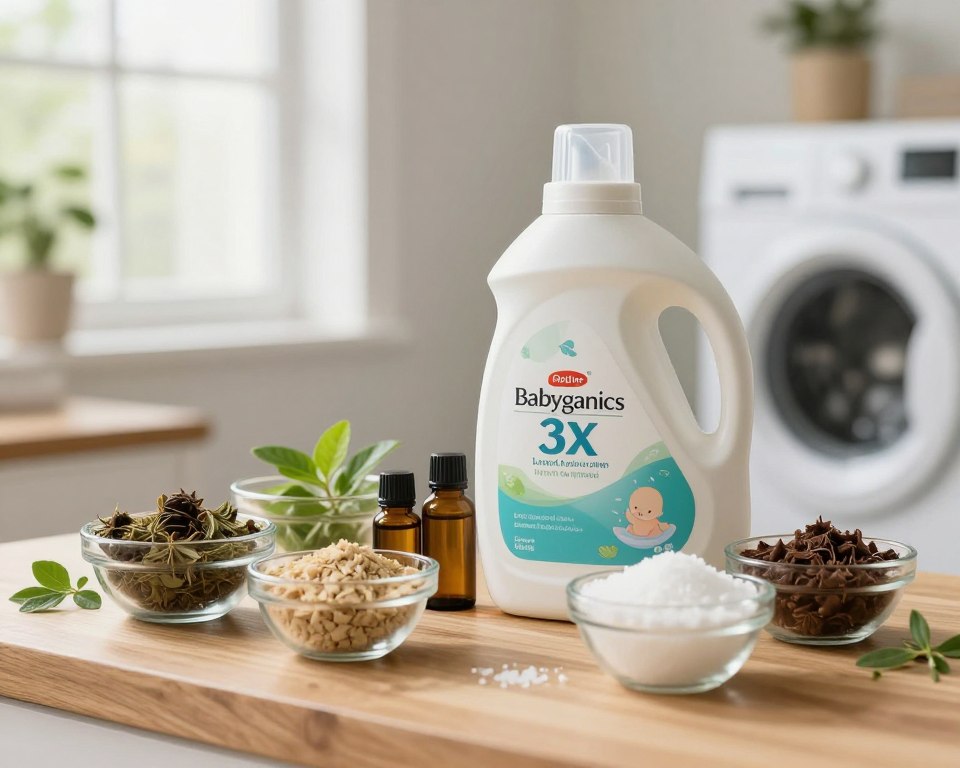 A detailed composition of laundry detergent ingredients prominently displayed on a wooden countertop. In the foreground, showcase a variety of natural ingredients including plant extracts, essential oils, and biodegradable surfactants, arranged neatly in small glass bowls. The middle ground features a bottle of Babyganics 3X Laundry Detergent, highlighting its eco-friendly design and vivid label. In the background, softly blurred, display a sunny laundry room with soft, natural lighting filtering through a window, enhancing the warm, inviting atmosphere. Use a macro lens perspective to capture texture and detail, emphasizing the purity and safety of the ingredients. The overall mood should feel fresh, clean, and family-oriented, aligning with the focus on baby-safe laundry detergent.