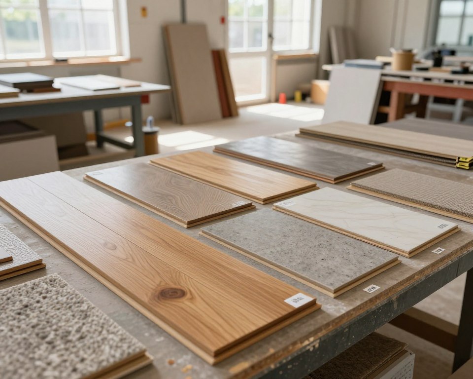 A detailed composition showcasing various building materials in a well-lit construction setting. In the foreground, feature a collection of raw materials, including hardwood planks, tiles, and carpets, arranged neatly on a workbench. In the middle ground, display partially assembled flooring samples with some labeled to highlight their textures and finishes. The background should be an open workshop filled with natural light streaming through large windows, casting soft shadows that enhance the focus on the materials. Use a wide-angle lens to capture the expanse of the workshop, creating a sense of depth. The atmosphere should convey professionalism and cleanliness, emphasizing the precision of manufacturing processes relevant to flooring production. A detailed composition showcasing various building materials in a well-lit construction setting. In the foreground, feature a collection of raw materials, including hardwood planks, tiles, and carpets, arranged neatly on a workbench. In the middle ground, display partially assembled flooring samples with some labeled to highlight their textures and finishes. The background should be an open workshop filled with natural light streaming through large windows, casting soft shadows that enhance the focus on the materials. Use a wide-angle lens to capture the expanse of the workshop, creating a sense of depth. The atmosphere should convey professionalism and cleanliness, emphasizing the precision of manufacturing processes relevant to flooring production.