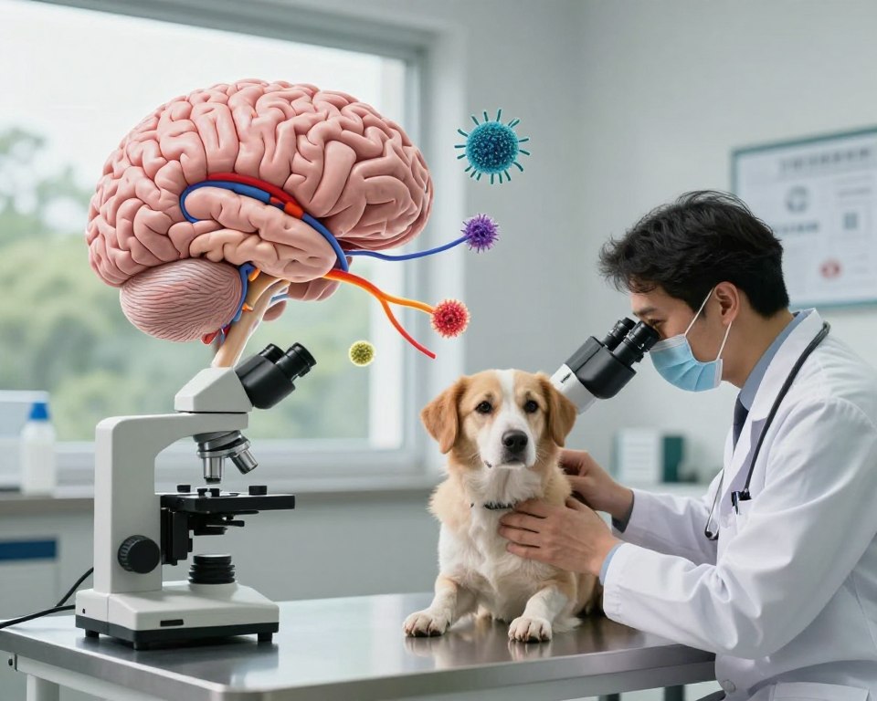 A detailed cross-section of a veterinary clinic’s examination room, illustrating the interaction between environmental toxins, specifically microplastics, and brain function. In the foreground, a veterinarian in a lab coat examines a dog displaying subtle neurological symptoms, using a modern microscope. In the middle ground, an anatomical model of a brain connected to a magnified view of microplastics floating in a stylized representation of synaptic pathways, with bright colors to emphasize the contrast between contamination and brain health. The background features a window with a green landscape, symbolizing nature, while shadows and soft, natural lighting create an atmosphere of concern and urgency. The image conveys a scientific and educational mood, highlighting the serious implications of toxin exposure on animal health. A detailed cross-section of a veterinary clinic’s examination room, illustrating the interaction between environmental toxins, specifically microplastics, and brain function. In the foreground, a veterinarian in a lab coat examines a dog displaying subtle neurological symptoms, using a modern microscope. In the middle ground, an anatomical model of a brain connected to a magnified view of microplastics floating in a stylized representation of synaptic pathways, with bright colors to emphasize the contrast between contamination and brain health. The background features a window with a green landscape, symbolizing nature, while shadows and soft, natural lighting create an atmosphere of concern and urgency. The image conveys a scientific and educational mood, highlighting the serious implications of toxin exposure on animal health.