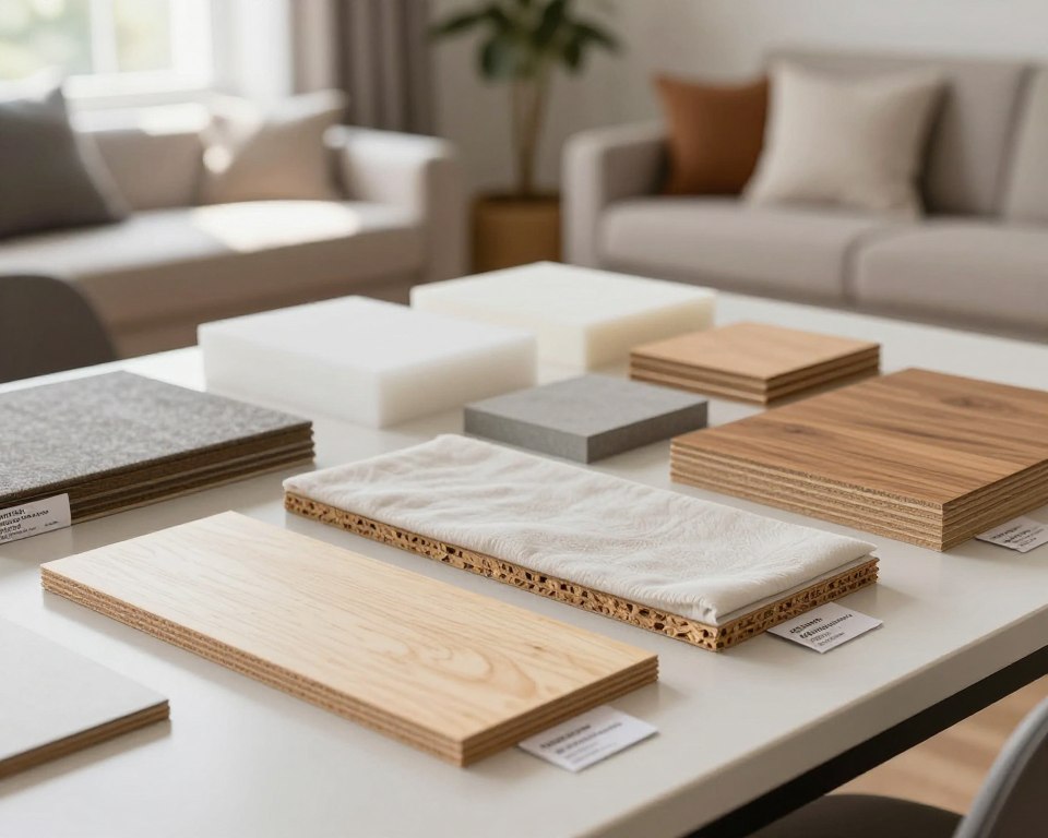 A detailed depiction of various furniture materials that contribute to off-gassing, arranged artistically. In the foreground, showcase a clean, modern workspace where common materials are displayed: plywood, particle board, and upholstered fabric with visible labels highlighting their VOC content. In the middle ground, include various items like foam cushions, laminate surfaces, and wood finishes, arranged neatly on a polished surface, offering a stark contrast to the background. The background features a soft-focus interior of a living space, emphasizing a cozy atmosphere with warm, natural light filtering through a window. Use a shallow depth of field to draw attention to the materials while creating a serene and informative ambiance, reflecting a thoughtful exploration of furniture impacts on indoor air quality.