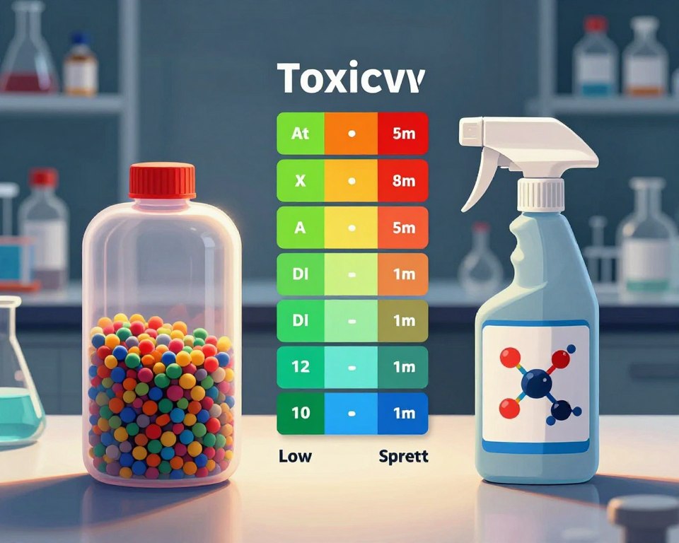 A detailed educational illustration showcasing the toxicity levels of ant killers in baits versus sprays. In the foreground, depict two contrasting containers: a bait station with a translucent coating revealing colorful granules and a spray bottle with a label showing molecular structures. In the middle, visualize a chart or gradient scale indicating toxicity levels, with vibrant colors transitioning from green (low toxicity) to red (high toxicity). In the background, feature a blurred laboratory setting with shelves filled with chemical compounds, enhancing the scientific atmosphere. Use dramatic, focused lighting to highlight the containers while casting soft shadows to create depth. Aim for a clean, informative mood that conveys a sense of urgency and importance in understanding chemical safety. A detailed educational illustration showcasing the toxicity levels of ant killers in baits versus sprays. In the foreground, depict two contrasting containers: a bait station with a translucent coating revealing colorful granules and a spray bottle with a label showing molecular structures. In the middle, visualize a chart or gradient scale indicating toxicity levels, with vibrant colors transitioning from green (low toxicity) to red (high toxicity). In the background, feature a blurred laboratory setting with shelves filled with chemical compounds, enhancing the scientific atmosphere. Use dramatic, focused lighting to highlight the containers while casting soft shadows to create depth. Aim for a clean, informative mood that conveys a sense of urgency and importance in understanding chemical safety.